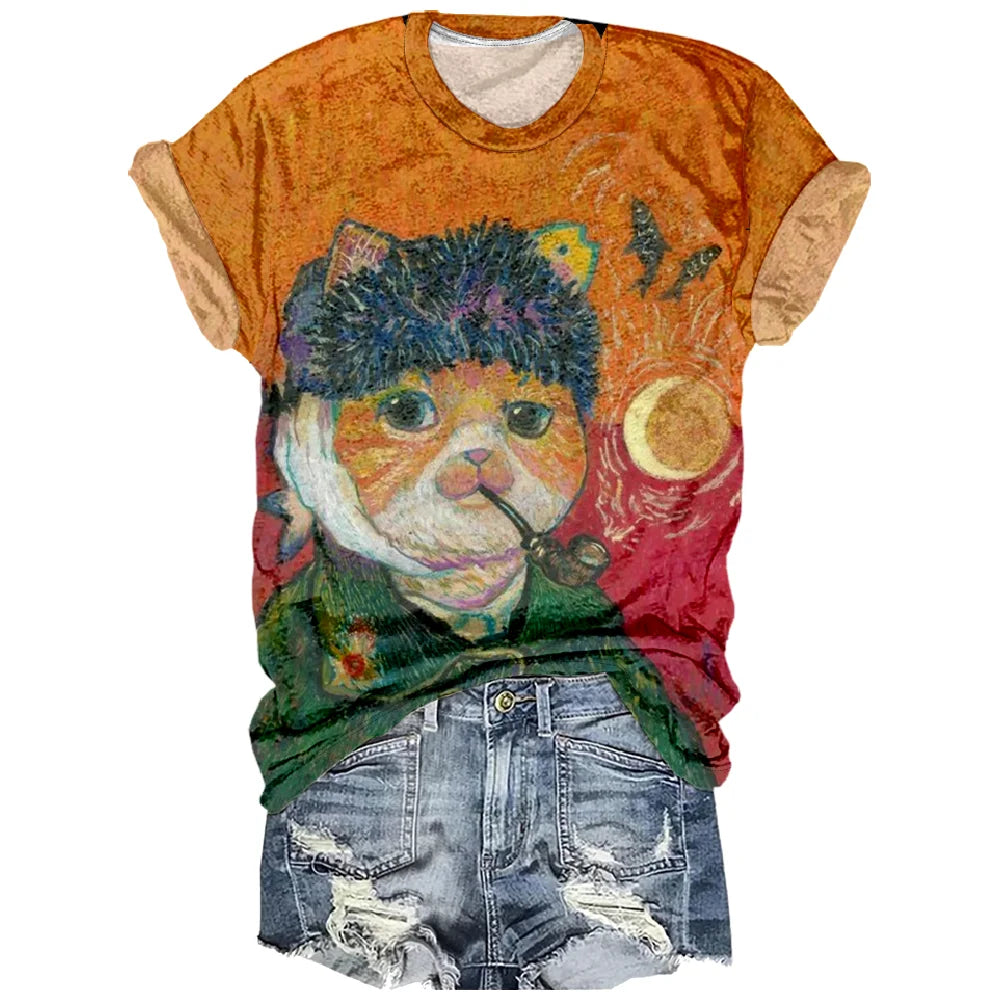 Women’s Summer Cartoon Cat T-Shirt – Short Sleeve, Loose, Breathable Casual Tee