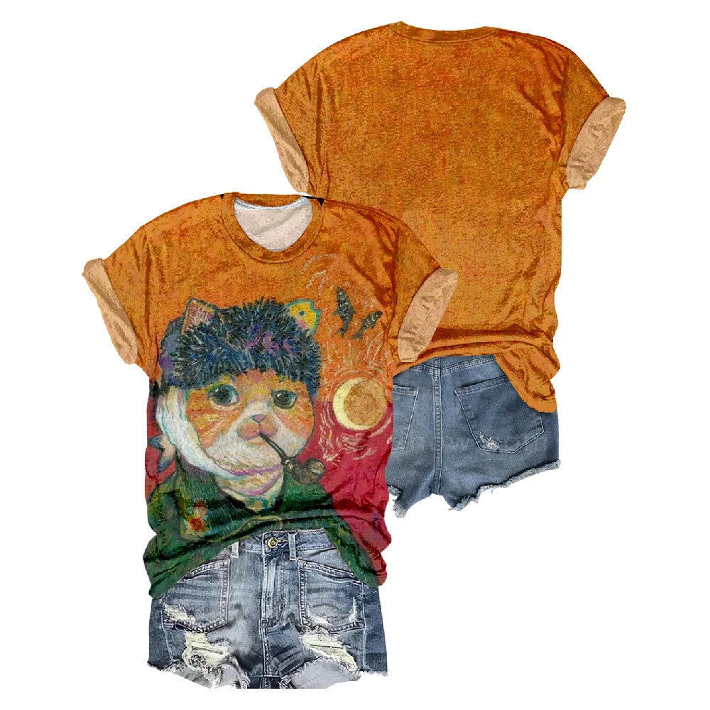Women’s Summer Cartoon Cat T-Shirt – Short Sleeve, Loose, Breathable Casual Tee