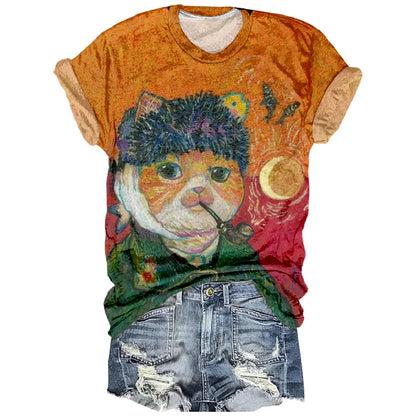 Women’s Summer Cartoon Cat T-Shirt – Short Sleeve, Loose, Breathable Casual Tee
