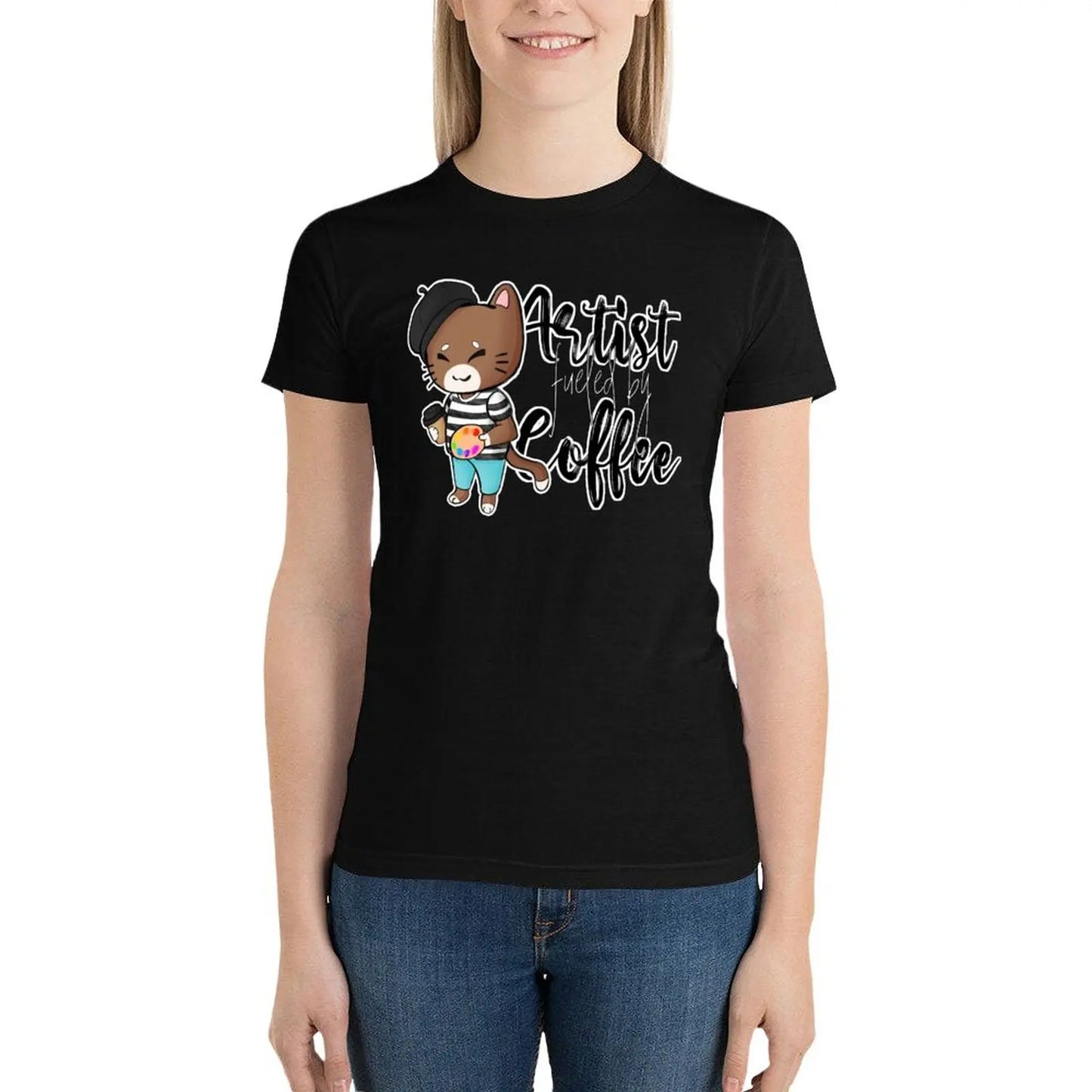 Artist cat fueled by coffee T-Shirt shirts graphic tees lady clothes Woman fashion