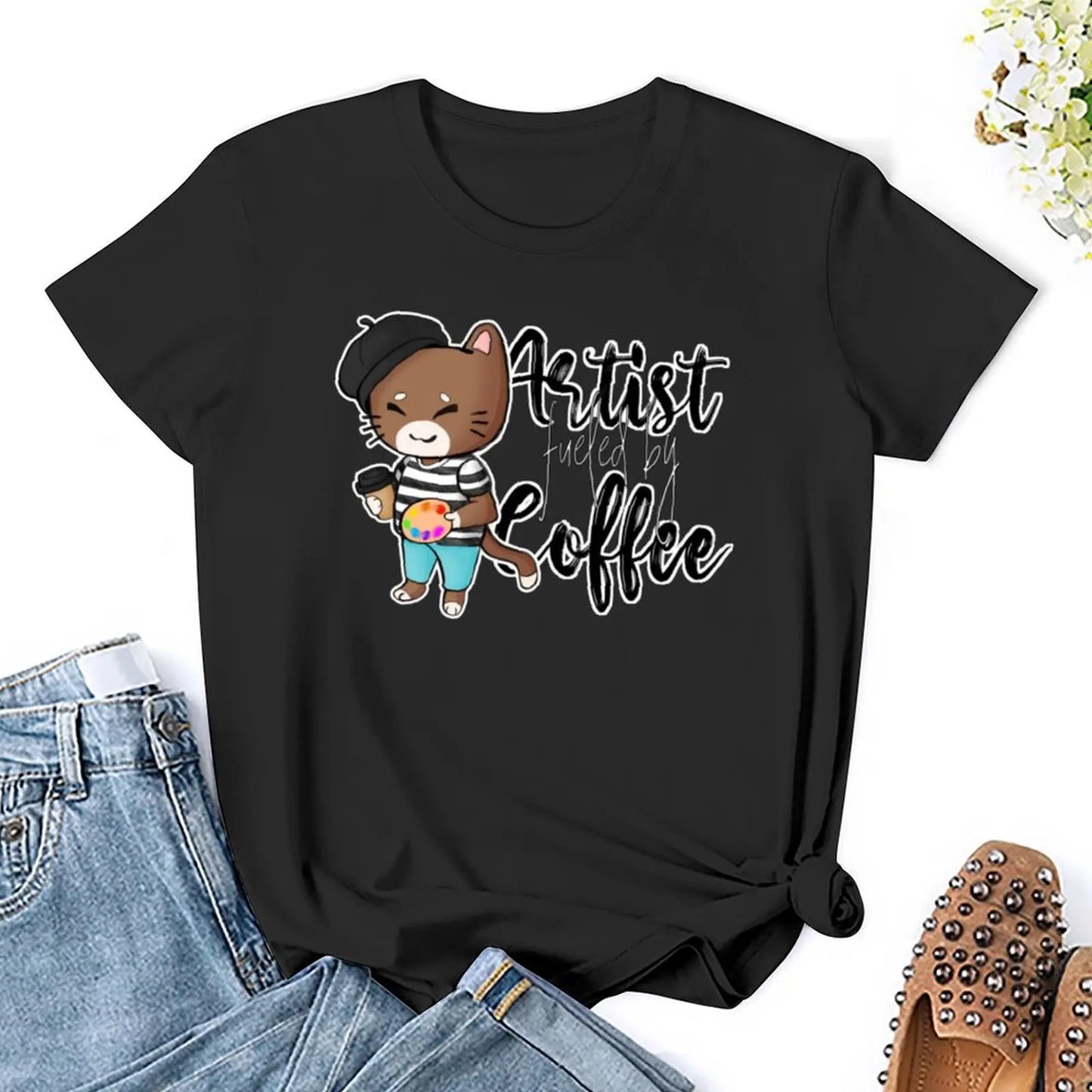 Artist cat fueled by coffee T-Shirt shirts graphic tees lady clothes Woman fashion