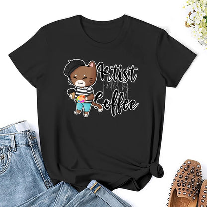 Artist cat fueled by coffee T-Shirt shirts graphic tees lady clothes Woman fashion